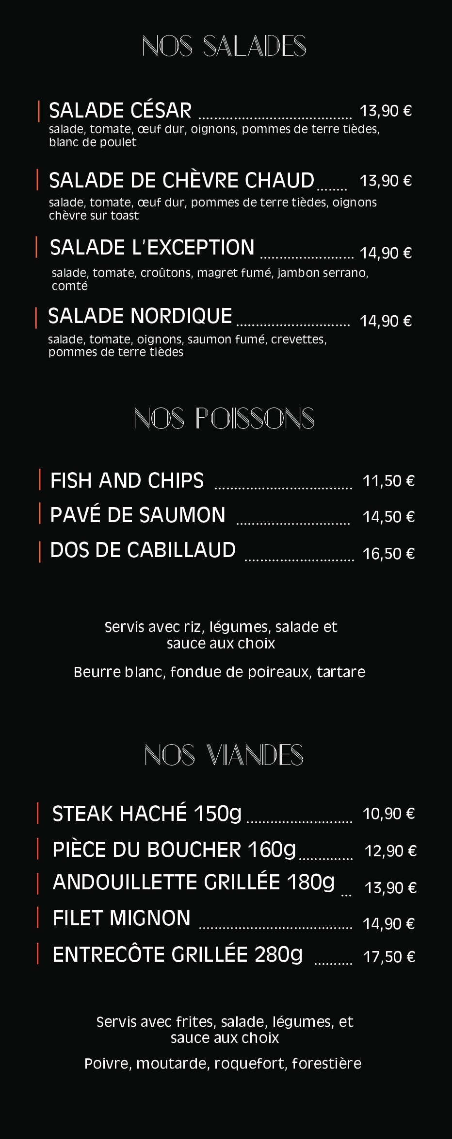 Carte Salades Poissons Viandes -  Restaurant L'exception - Plérin